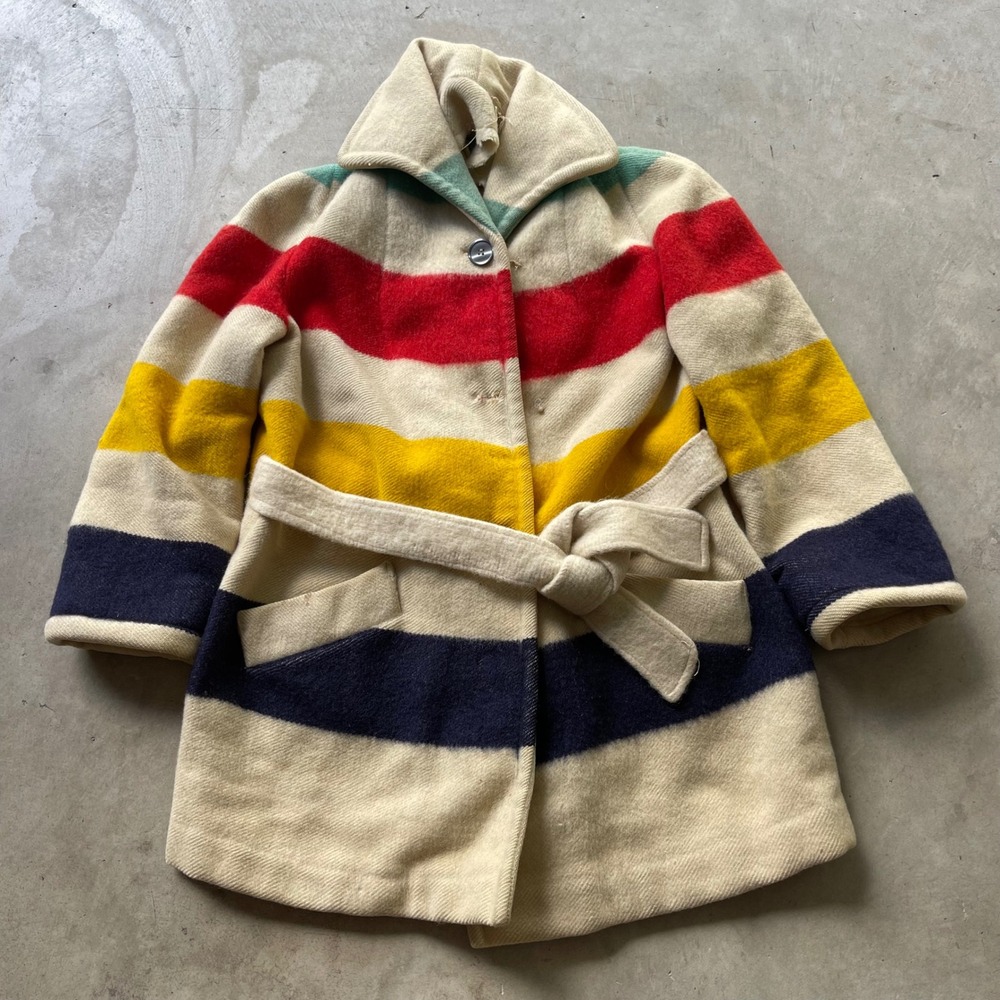 Vintage Hudson Bay Company Wool Point Blanket Coat Multi Stripe Belted Cream